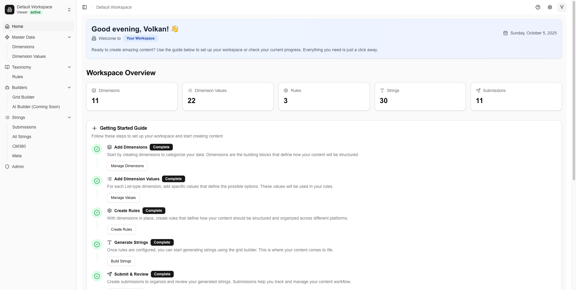 Tuxonomy Dashboard - Workspace Overview showing dimensions, rules, and strings management